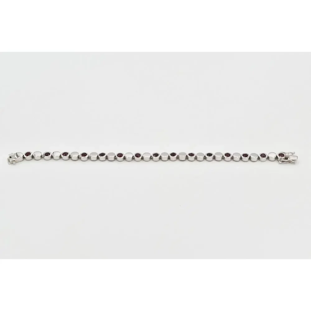 925 Sterling Silver Tennis Chain Bracelet Red Rhinestone Crystal Signed BinO